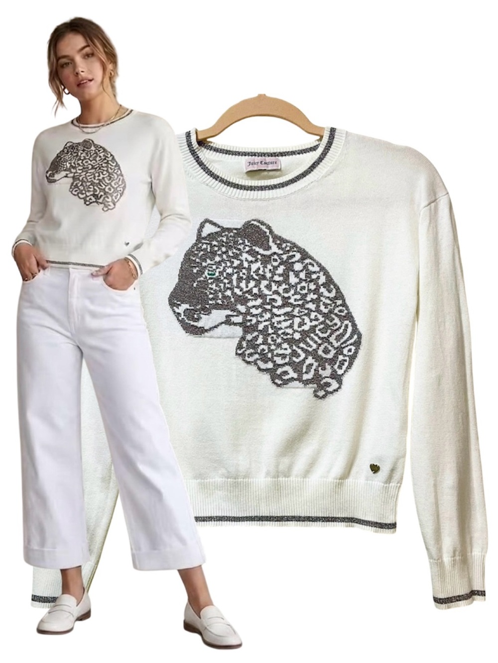 Juicy Couture Silver Metallic Leopard Sweater Off White Crewneck XS Y2K